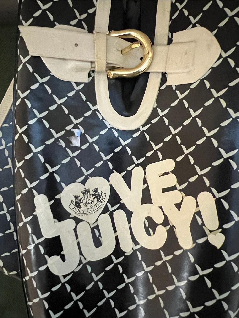 RARE Vintage Juicy Couture Black & Cream Lattice 'Love Juicy' Rain Boots - Picture 3 of 13